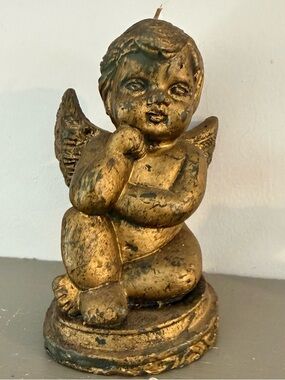 Vintage Cherub Candle Angel Gold Patina Distressed Darling Victorian